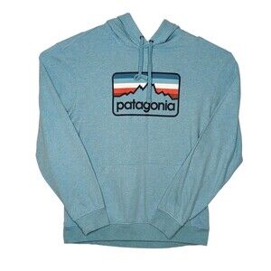 Patagonia Mens Medium Square Logo Blue Hoodie Pullover Sweatshirt